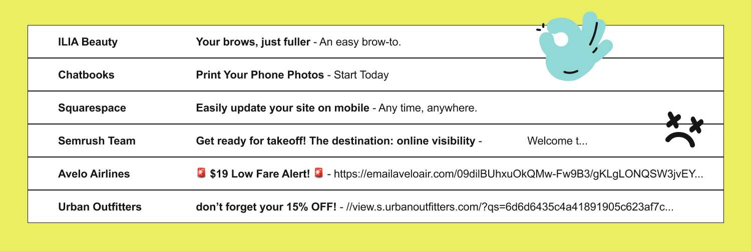 Subject line and preview text combos: 
Ilia Beauty > Your brows, just fuller - An easy brow-to.
Chatbooks > Print Your Phone Photos - Start Today
Squarespace > Easily update your site on mobile - Any time, anywhere