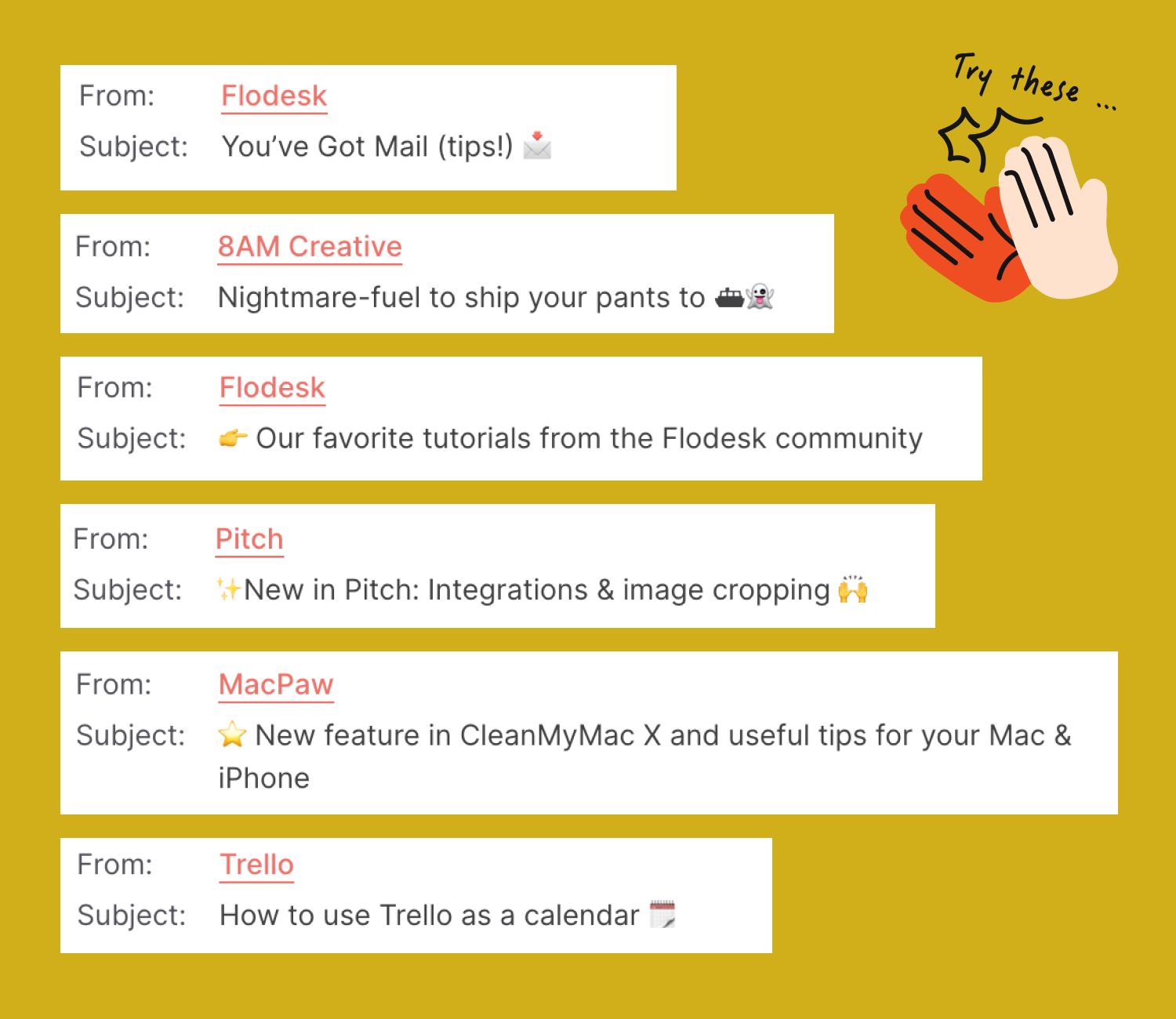 Subject line samples with emojis, some in the front and at the end of the text, and 1, 2, or 3 emoji samples