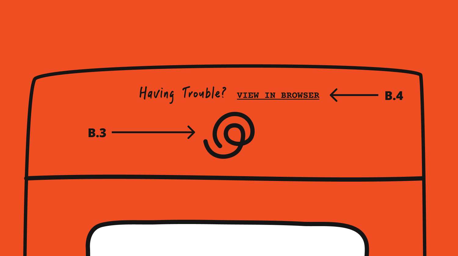 Illustration of email top with classic "Having Trouble? View In Browser" link text and a linked logo image